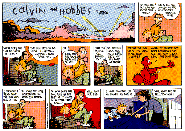 Calvin and Hobbs with dad explaining